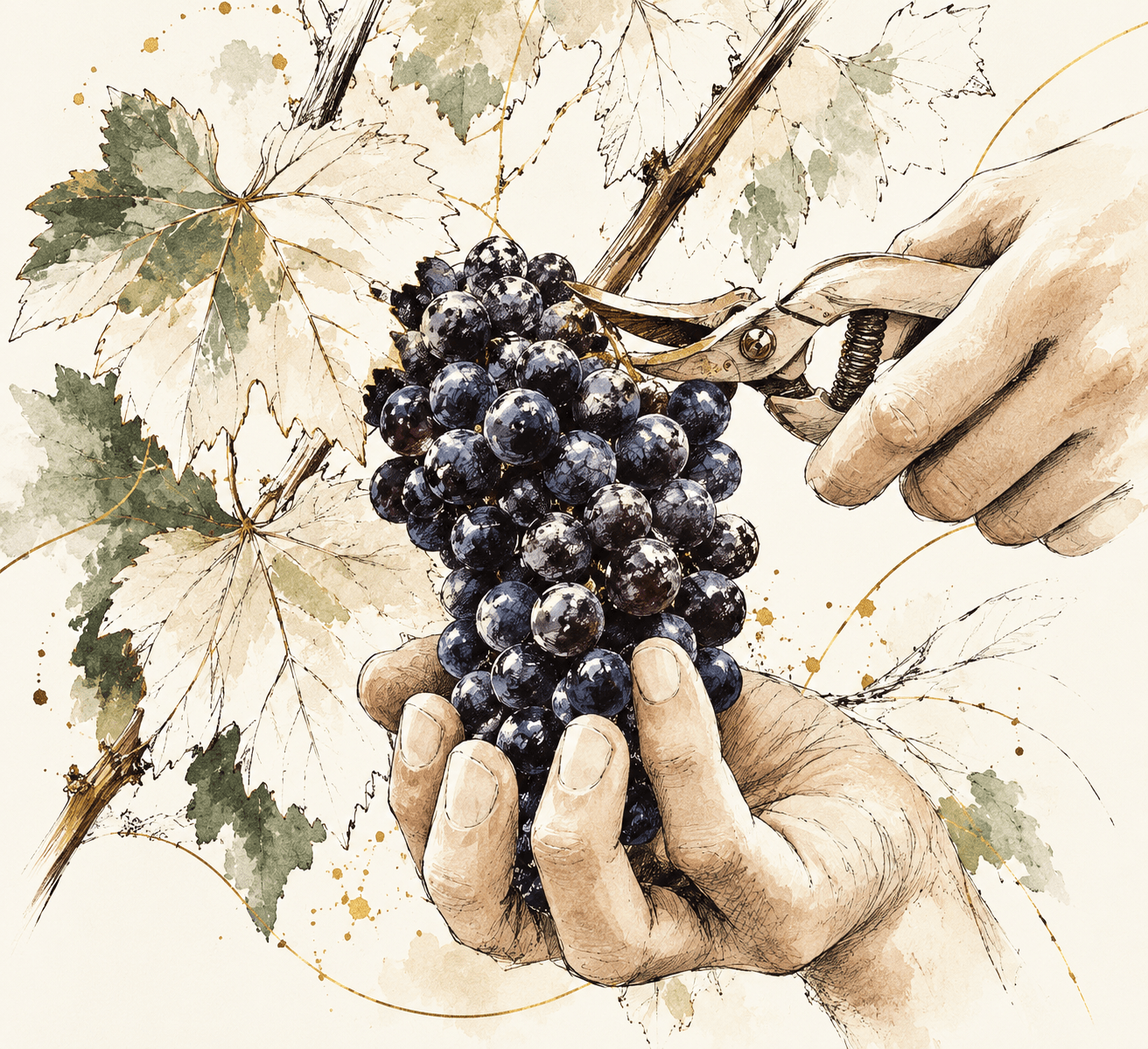 Illustration à l'aquarelle : une grappe de raisin coupée au sécateur