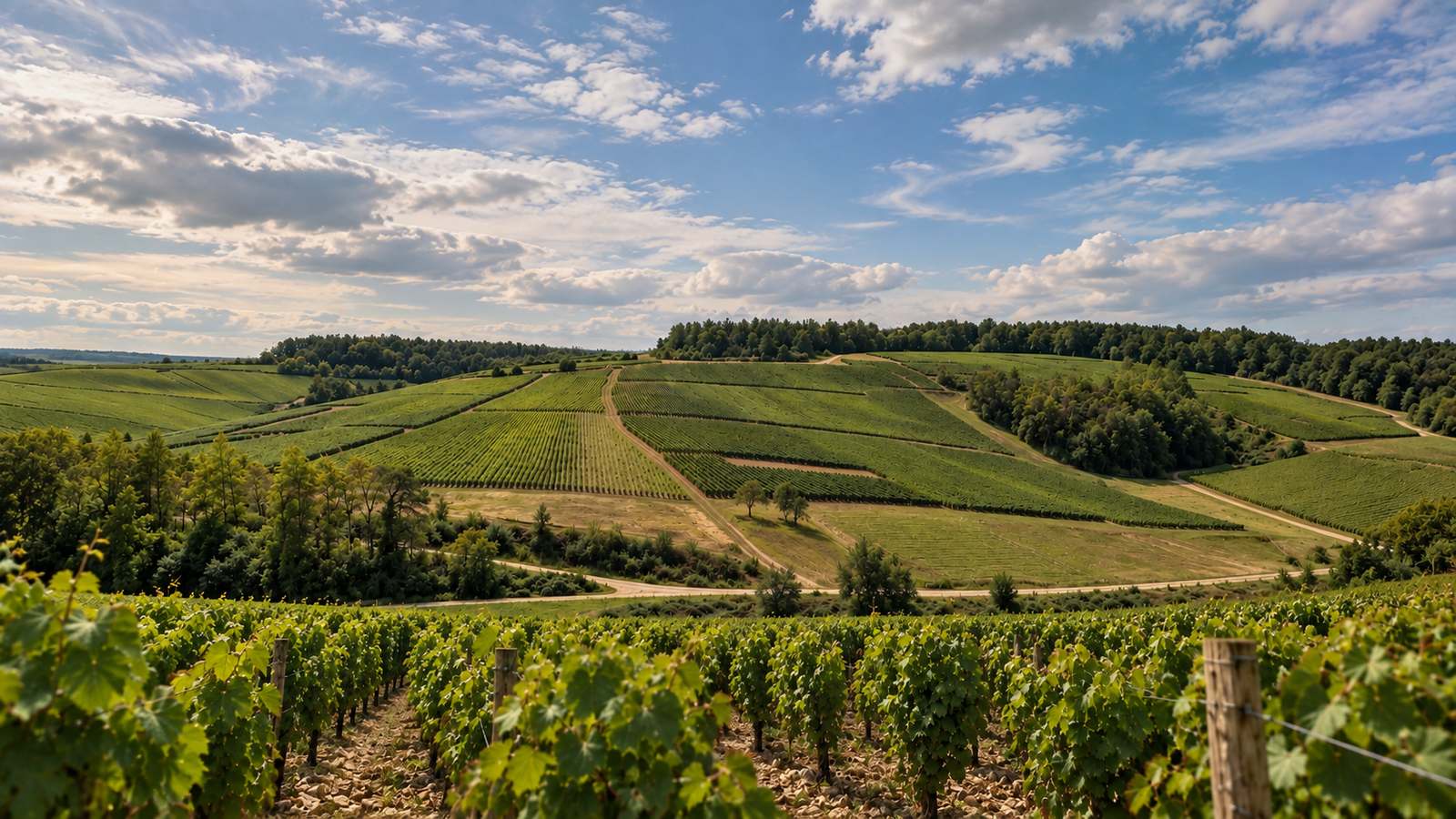 Coteaux de vignes de la Côte des Bar sous un ciel d'été
